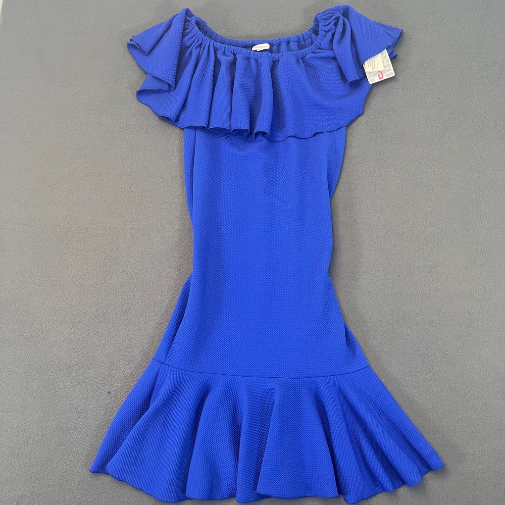 Lularoe Cici Dress Sm Off The‎ Shoulder Solid Blue Flounce Ruffle Stretch Boho